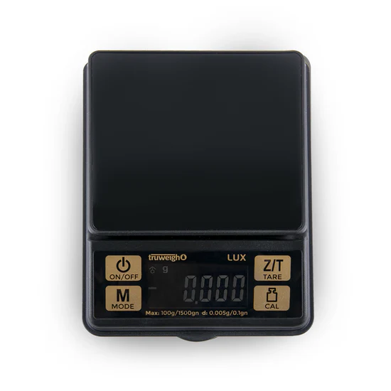 Truweigh LUX digital scale in Black, mini scale stainless steel platform with LCD display