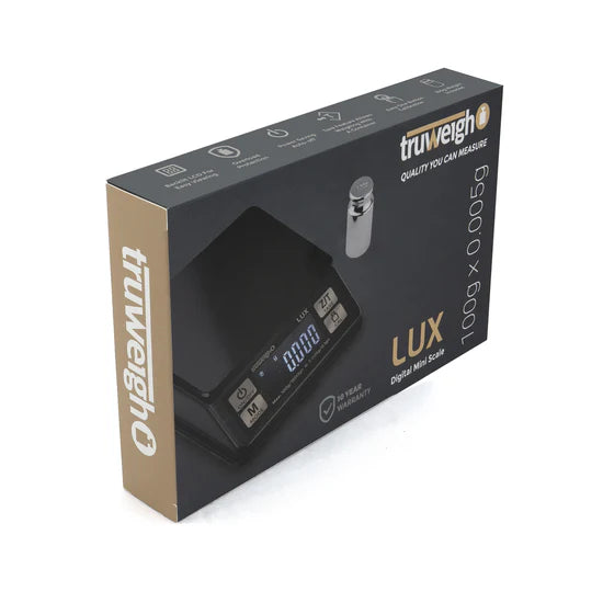 Truweigh LUX digital scale box packaging front and side view