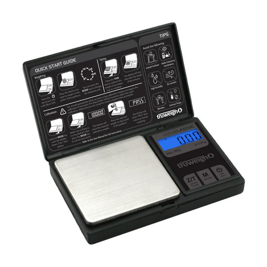 Truweigh Mini Classic digital scale open showing hinged protective cover interior