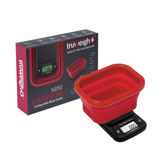 Truweigh Mini Crimson scale packaging box with digital scale and silicone bowl