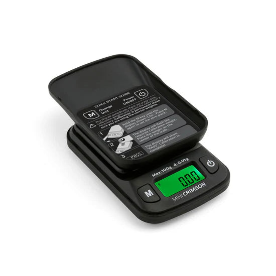 Truweigh Mini Crimson digital scale open showing stainless steel weighing platform