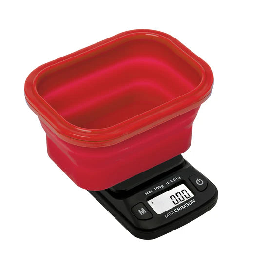 Truweigh Mini Crimson scale silicone bowl expanded, used as weighing container