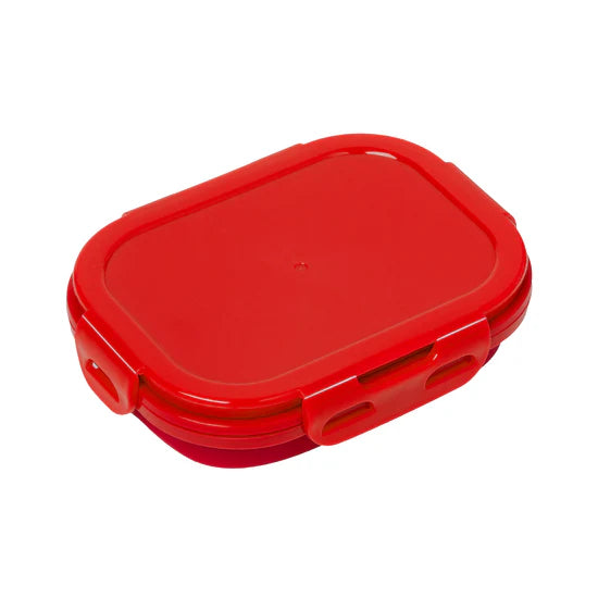 Truweigh Mini Crimson digital scale with red silicone bowl closed, travel mode