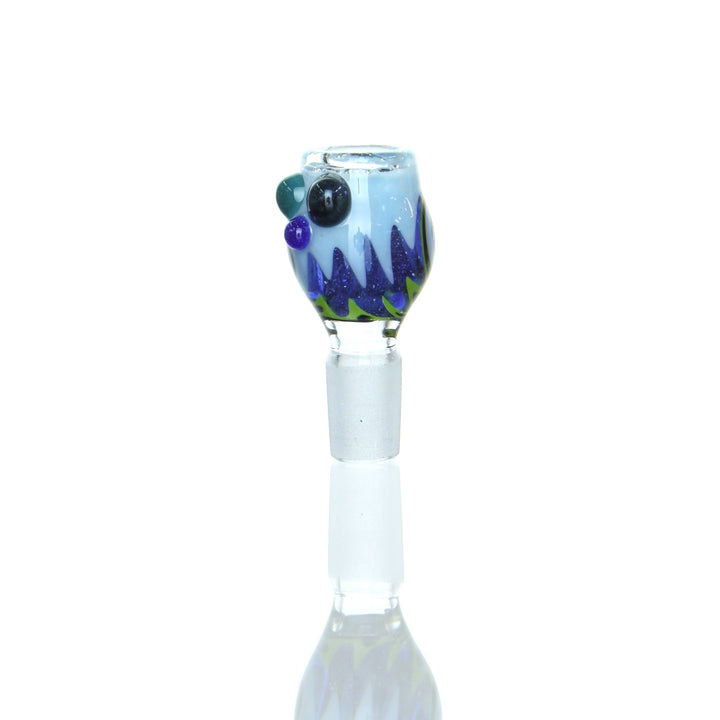 Ben Wilson - Worked Disc Screen Slide featuring jagged blue and purple design with green and black marbles, artisan glass smoking slide.