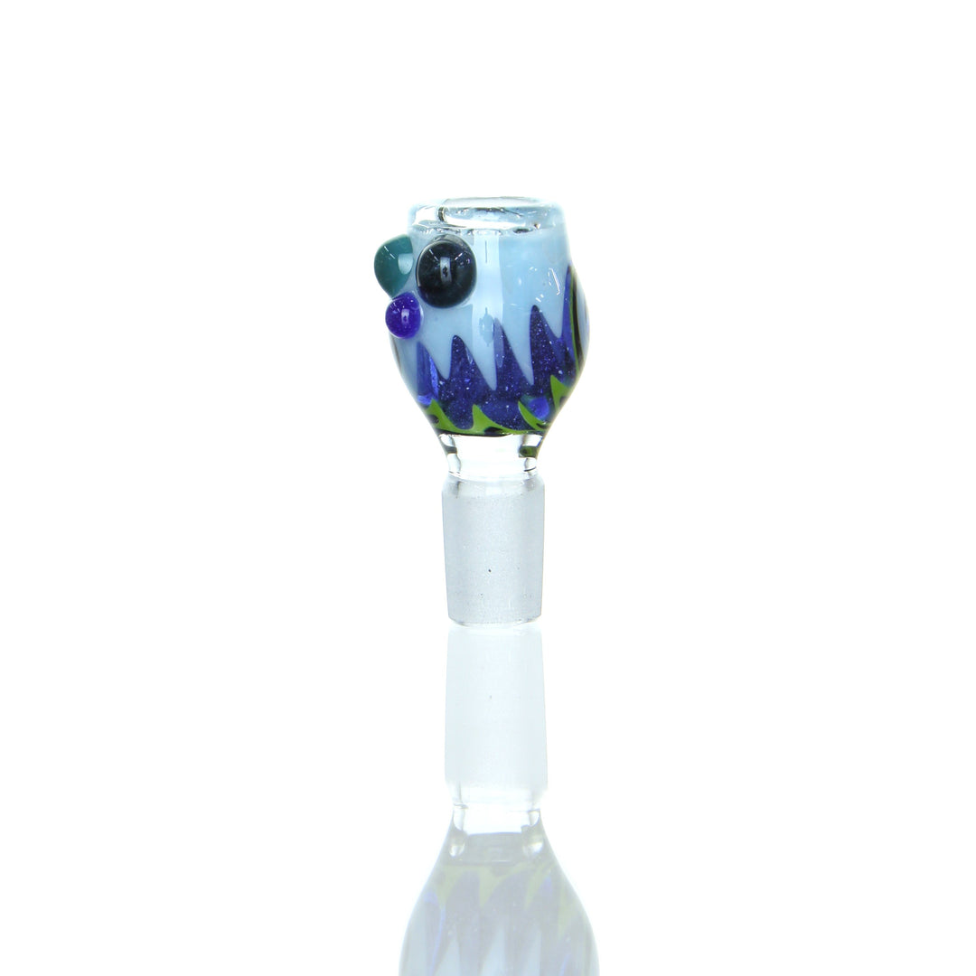 Ben Wilson - Worked Disc Screen Slide featuring jagged blue and purple design with green and black marbles, artisan glass smoking slide.