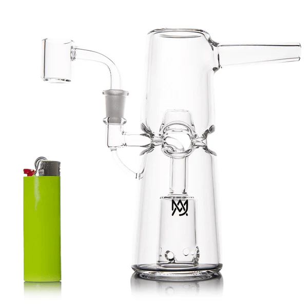 size comparison of Time Turner Dab Rig Double Uptake Recycler with 4-Hole Perc next to bic lighter