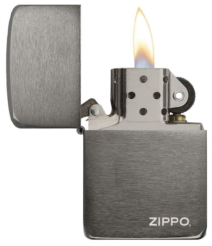 Zippo - 1941 Replica Black Ice with Zippo Logo Lighter featuring brushed metal finish, windproof flame, and classic flip-top design.