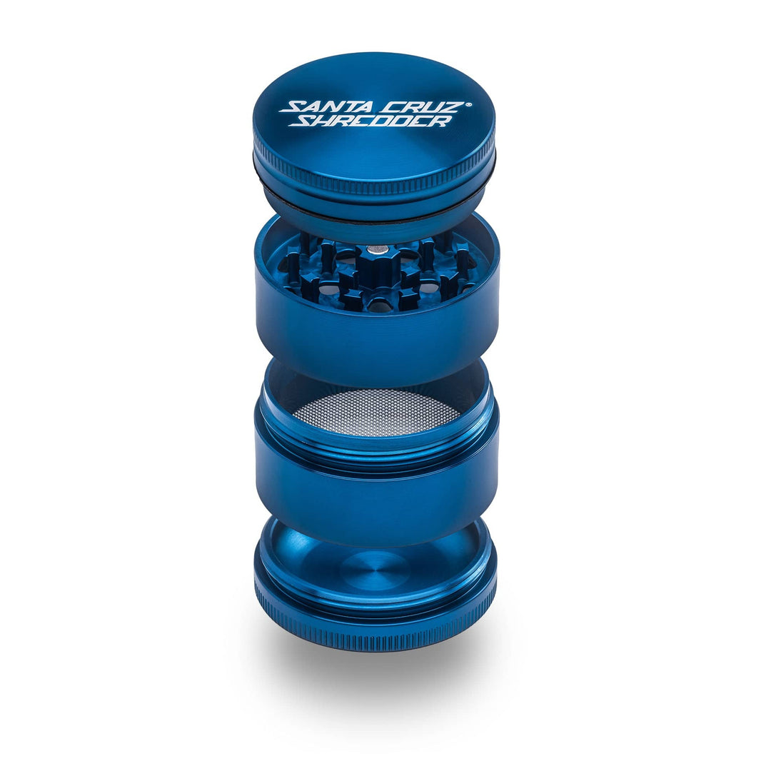 Santa Cruz Shredder 4-Piece Medium Grinder in Blue with precision grinding teeth.