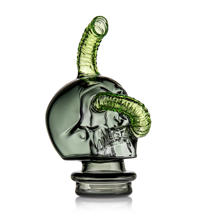 Side view of MJ Arsenal Grim Ripper Puffco Peak Top showing green worm and skull design in borosilicate glass