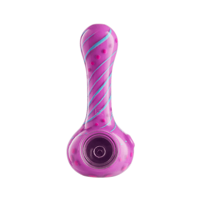 EYCE - Silicone ORAFLEX Spoon Pipe - Floral in purple with blue swirls and pink dots, made with clear outer silicone for a glass-like look.