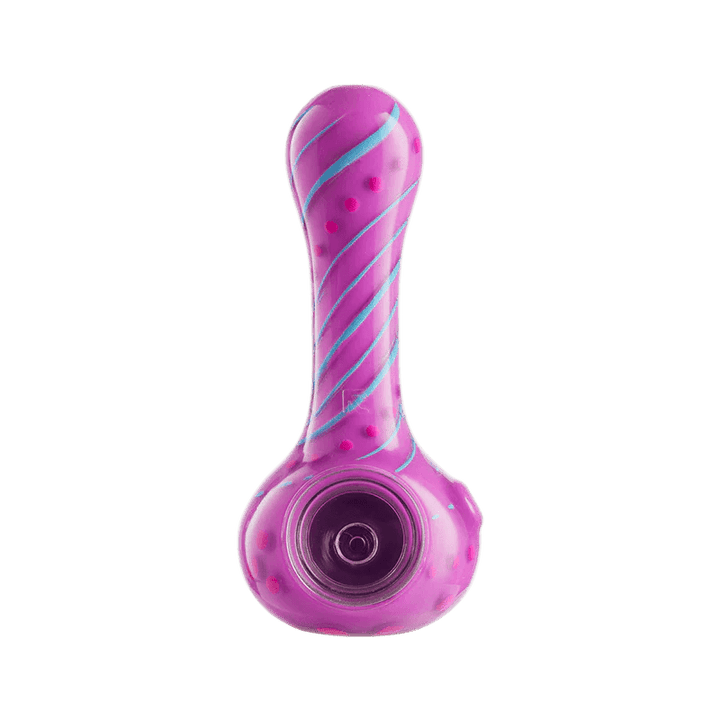 EYCE - Silicone ORAFLEX Spoon Pipe - Floral in purple with blue swirls and pink dots, made with clear outer silicone for a glass-like look.