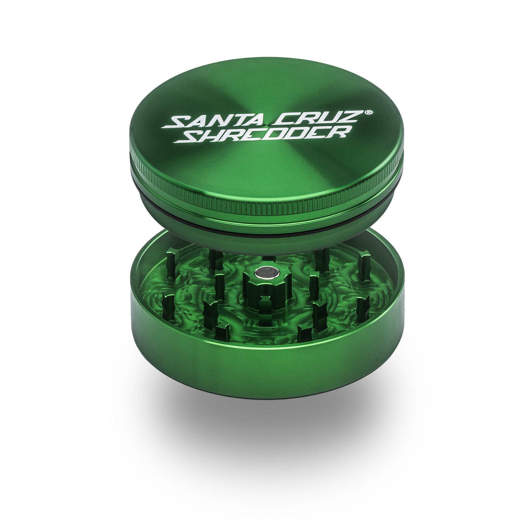 Green Santa Cruz Shredder 2-Piece Large Grinder – precision-milled teeth and magnetic lid shown open.
