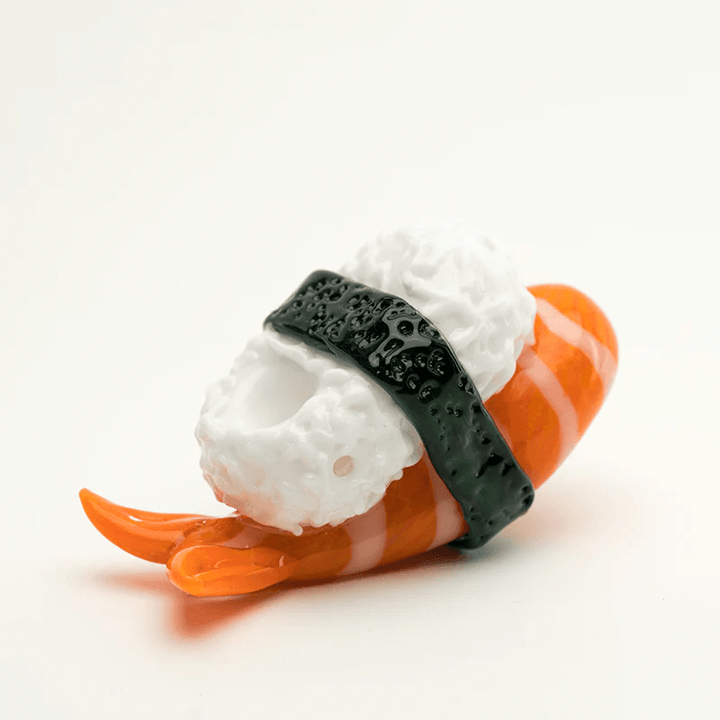 Empire Glassworks Shrimp Nigiri Pipe shaped like sushi, made from borosilicate glass with detailed shrimp, rice, and seaweed design. Unique hand-crafted pipe.