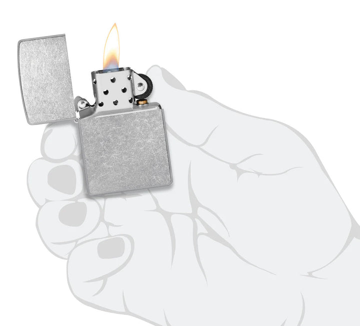 Zippo - Classic Street Chrome lighter with windproof flame, shown open in illustrated hand. Durable, refillable design with a rugged chrome finish.