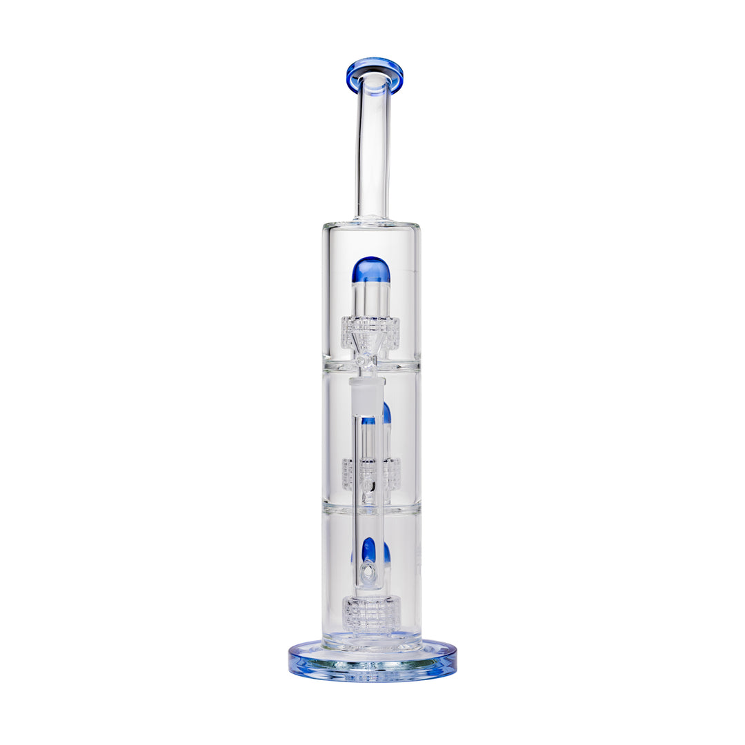 front view of human grade triple matrix perc bong in blue