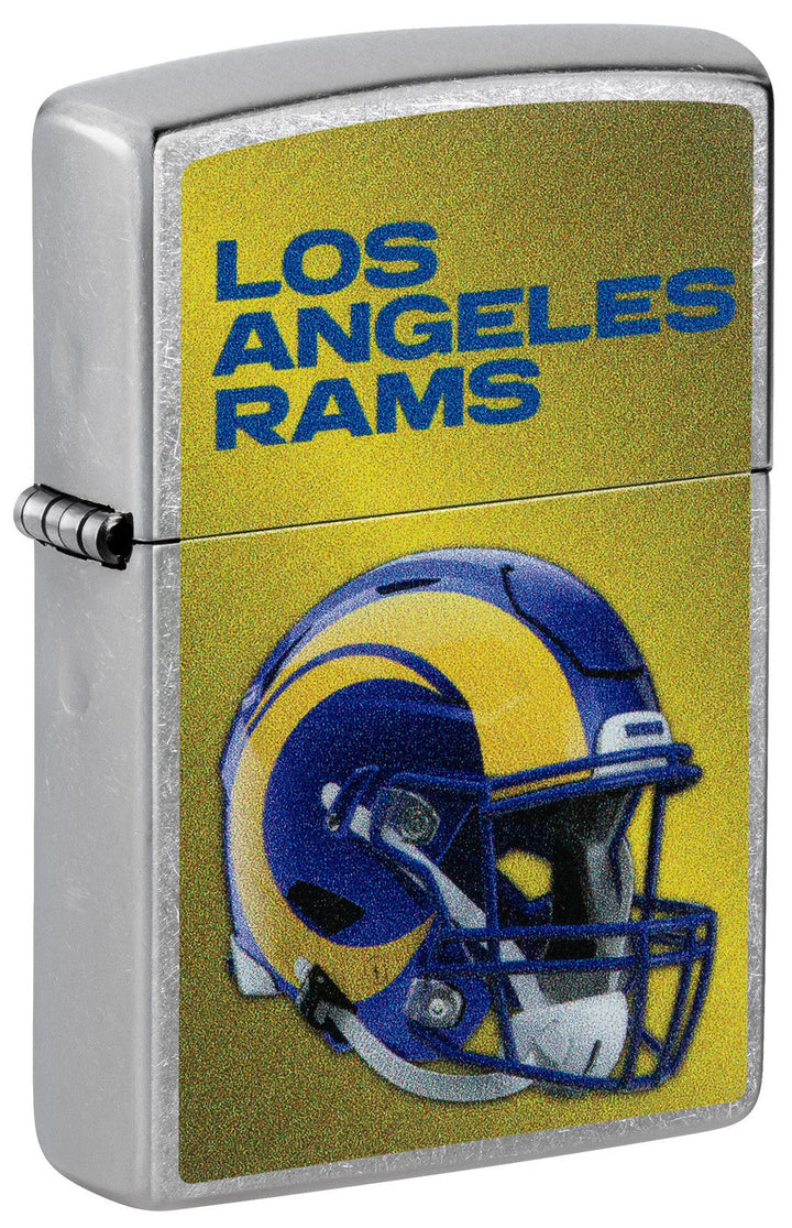 NFL Rams Zippo Lighter featuring Los Angeles Rams logo and helmet on a metallic windproof case. Official refillable team gear for fans.