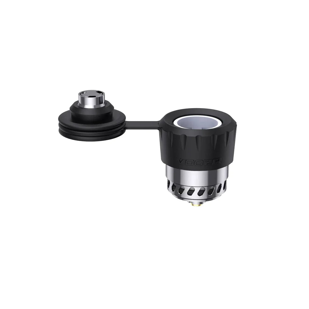 VOOZR OG Peak 3D Atomizer with the Tornado Airflow Cap swung aside on its tether, showing the open ceramic bowl.