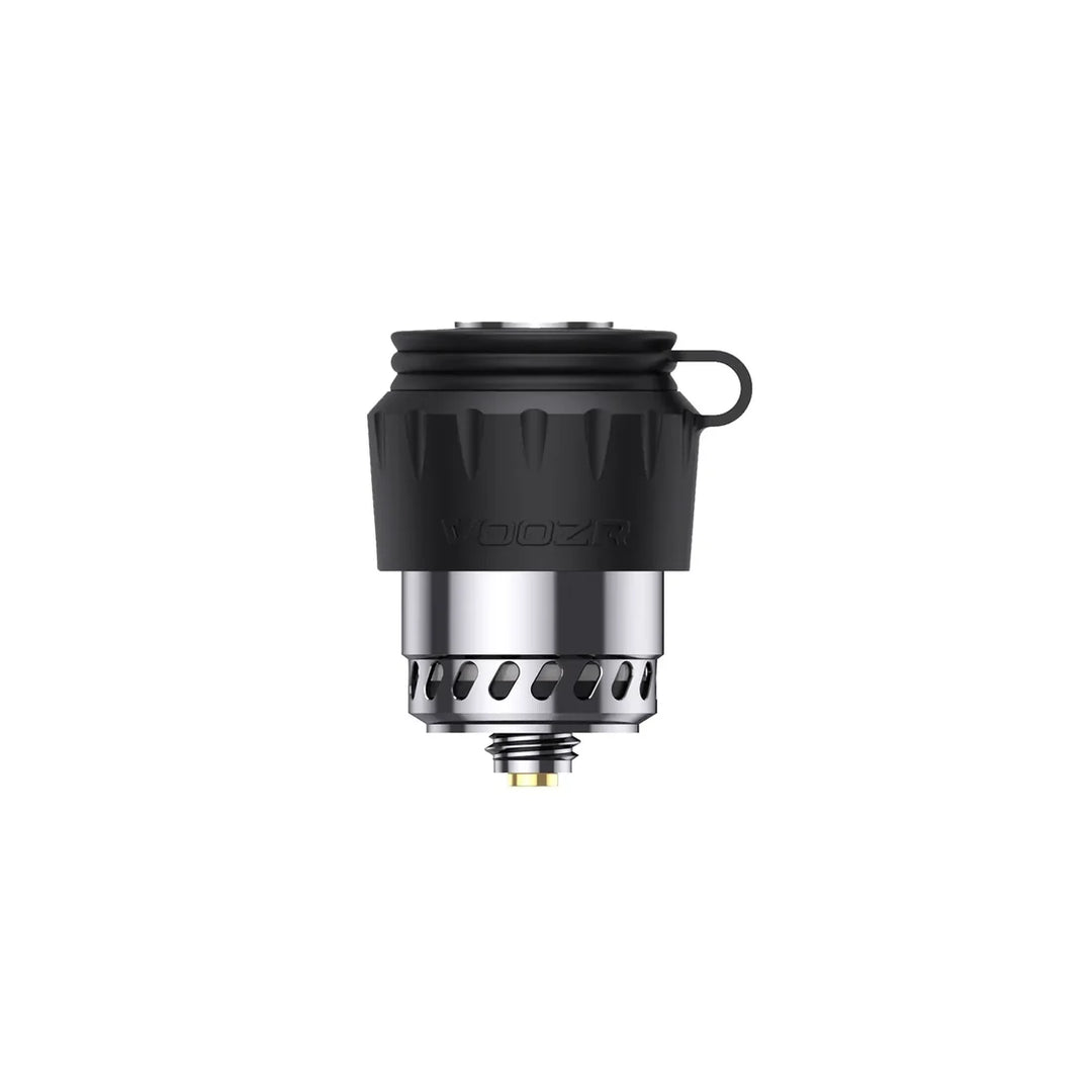VOOZR OG Peak 3D Atomizer assembled, Tornado Airflow Cap seated on the ceramic chamber with its tether attached.