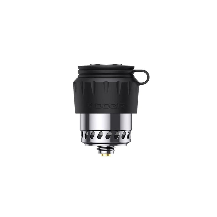 VOOZR OG Peak 3D Atomizer assembled, Tornado Airflow Cap seated on the ceramic chamber with its tether attached.