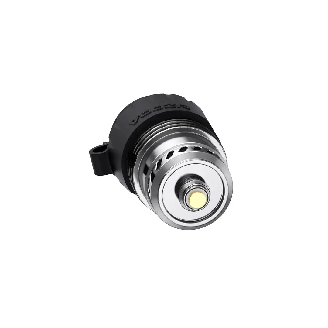 VOOZR OG Peak 3DXL Atomizer angled view showing the ceramic heating base and electrical contact beneath the chamber.