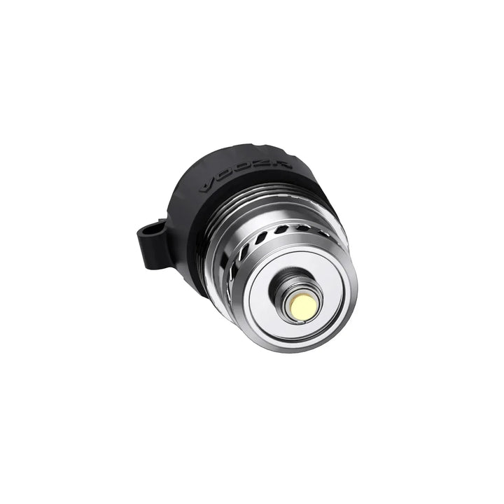 VOOZR OG Peak 3DXL Atomizer angled view showing the ceramic heating base and electrical contact beneath the chamber.