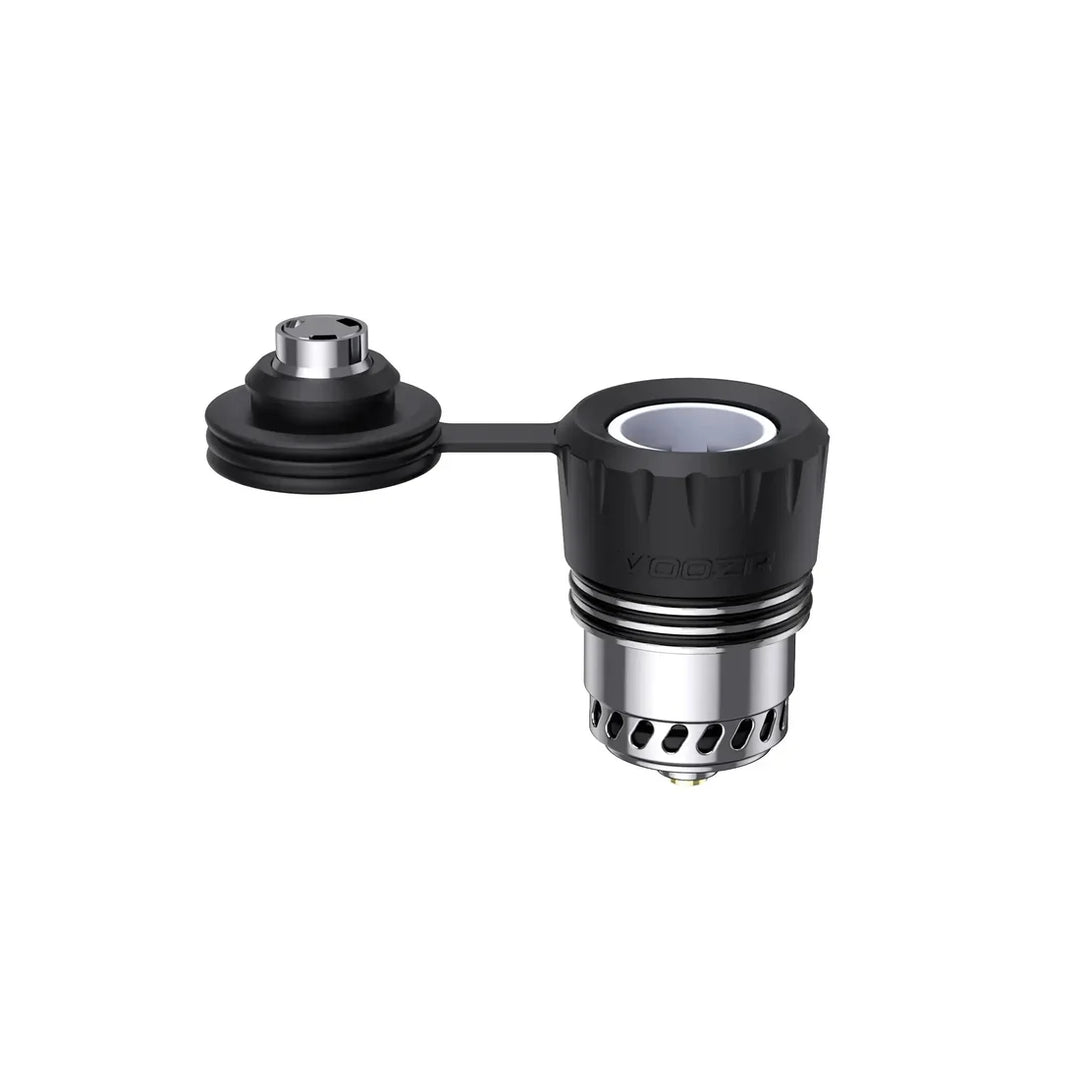 VOOZR OG Peak 3DXL Atomizer with the Tornado Airflow Cap swung aside on its tether, showing the open white ceramic bowl.