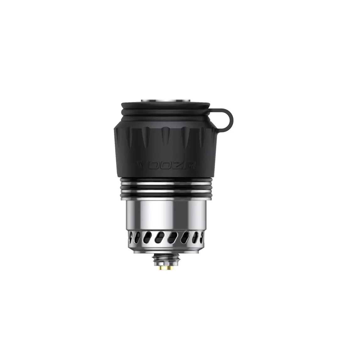 VOOZR OG Peak 3DXL Atomizer assembled, Tornado Airflow Cap seated on the ceramic chamber with its tether attached.