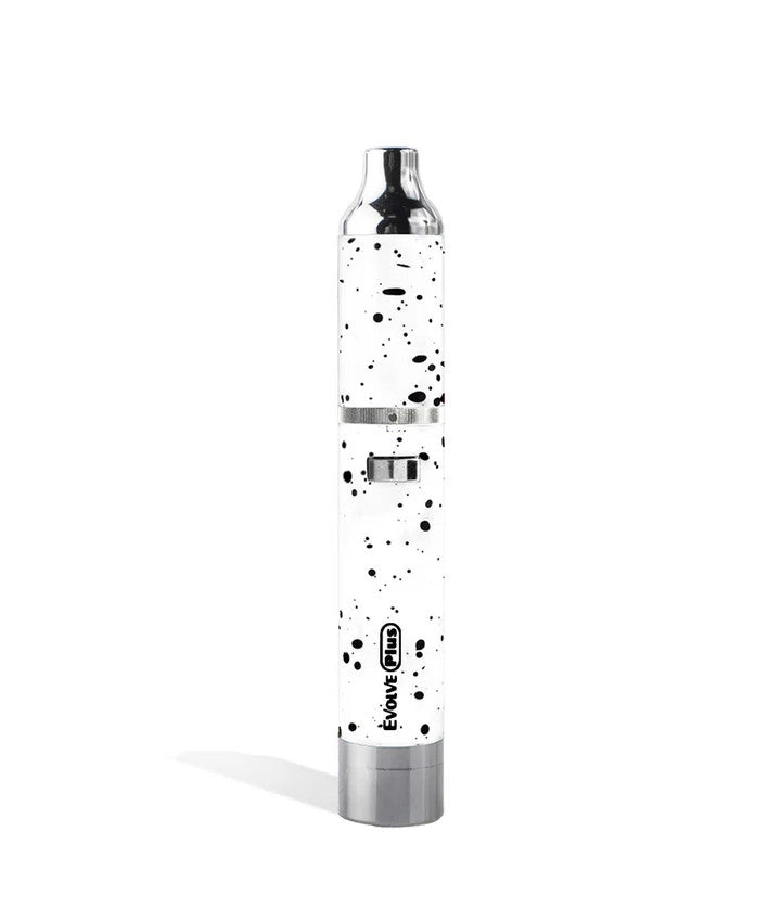 Wulf Mods Evolve Plus Concentrate Vaporizer in White and Black Splatter finish, front view showing stainless housing, single-button control, and dual quartz rod atomizer section.