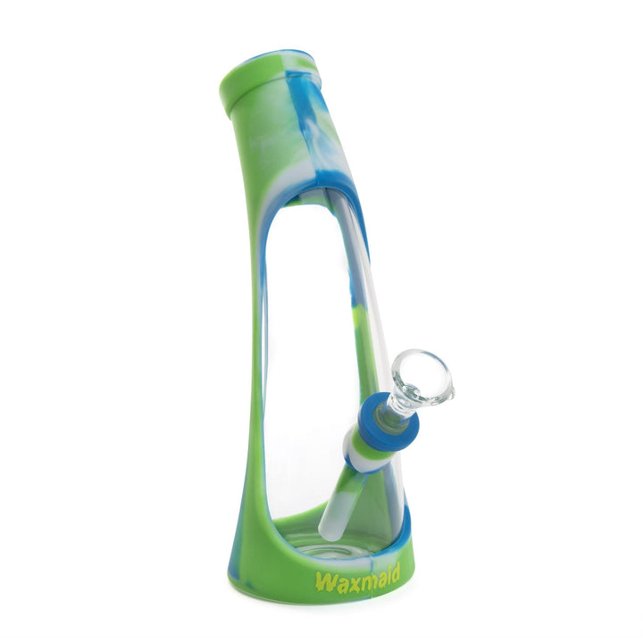 Waxmaid 8 inch Horn Silicone and Glass Water Pipe in Green, Blue and White