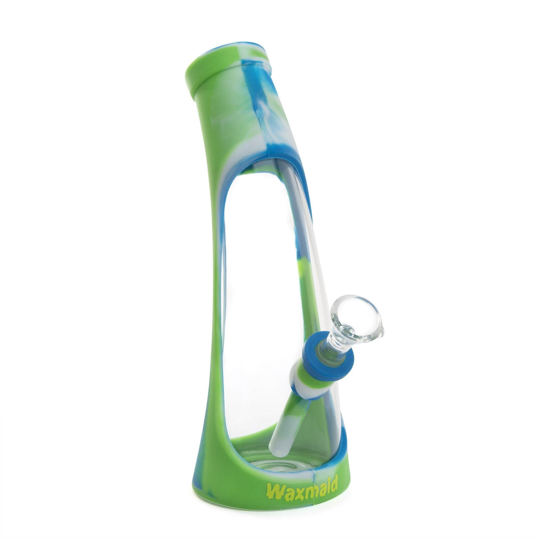 Waxmaid 8 inch Horn Silicone and Glass Water Pipe in Green, Blue and White