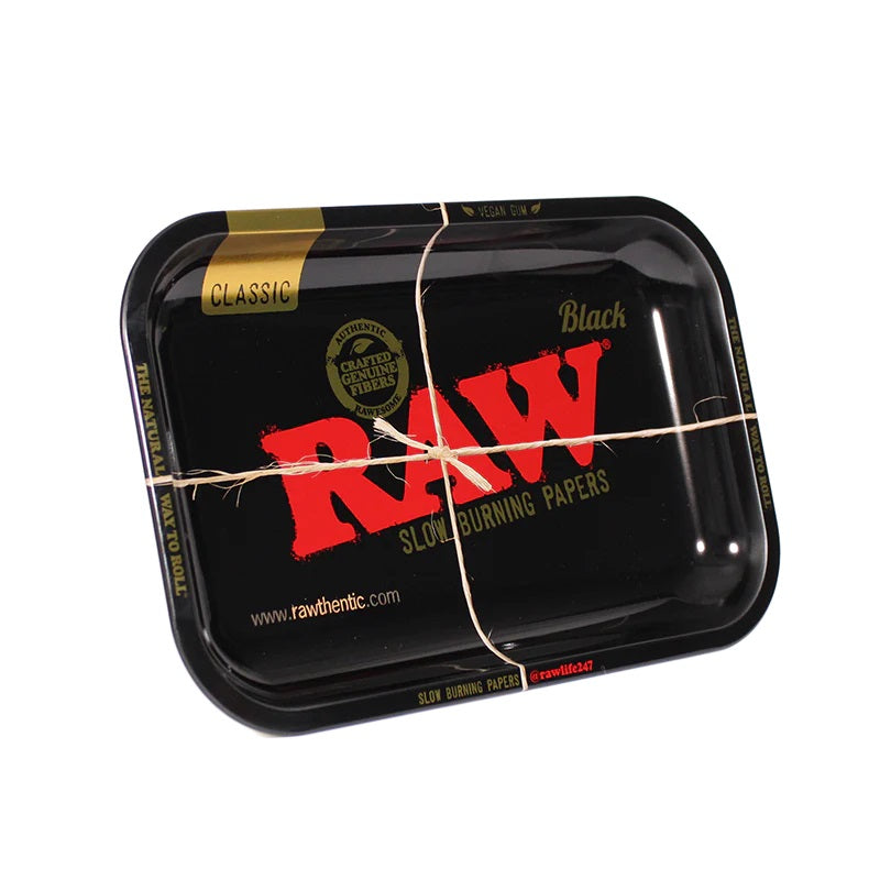 RAW Small Rolling Tray – Black edition standing upright with red RAW logo and matte finish.