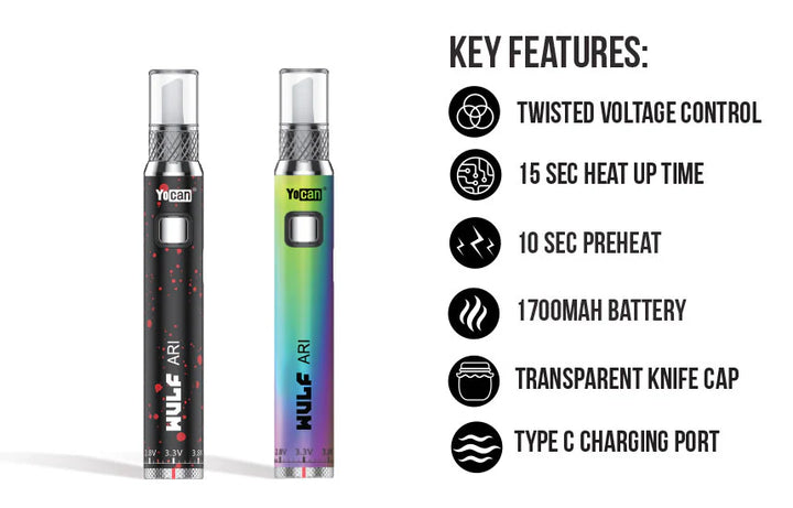 Wulf Mods Ari Hot Knife key features chart — voltage dial, ceramic knife tip, preheat mode, USB-C charging, 400mAh battery