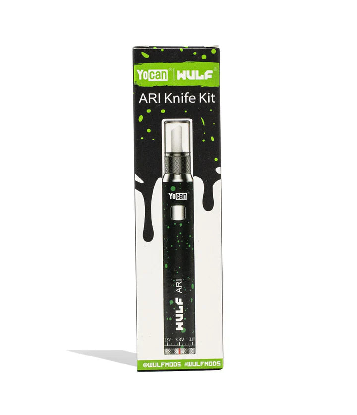 Wulf Mods Ari Hot Knife Black Green Splatter packaging including ceramic knife tip and USB-C rechargeable battery