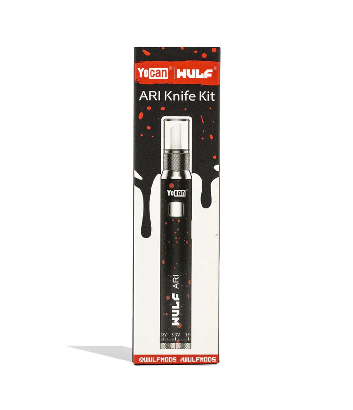 Wulf Mods Ari Hot Knife Black Red Splatter boxed kit featuring ceramic hot knife and rechargeable battery