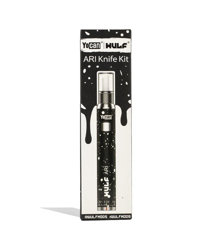 Wulf Mods Ari Hot Knife Black White Splatter retail box showing electric loading tool and vaporizer