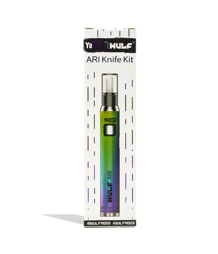 Wulf Mods Ari Hot Knife Full Color packaging for dual-use concentrate loading tool and vape battery