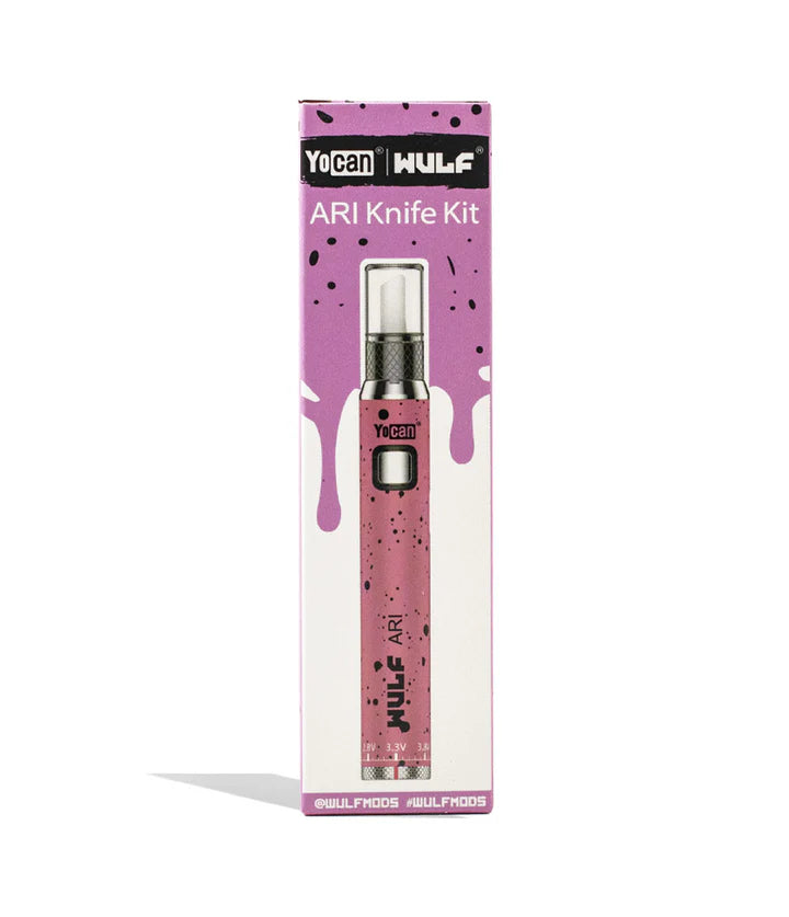 Wulf Mods Ari Hot Knife Pink Black Splatter packaging showing ceramic dab loading knife and vape battery