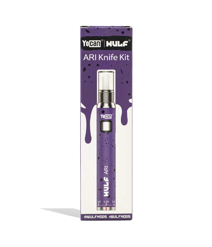 Wulf Mods Ari Hot Knife Purple Black Splatter box display with electric hot knife and 510 battery kit
