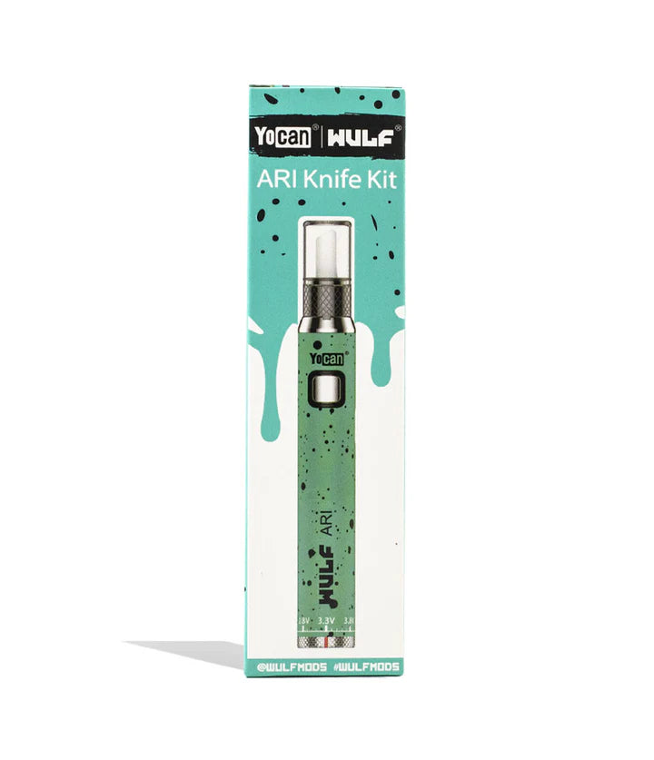 Wulf Mods Ari Hot Knife Teal Black Splatter packaging for dual-use ceramic hot knife and vape pen