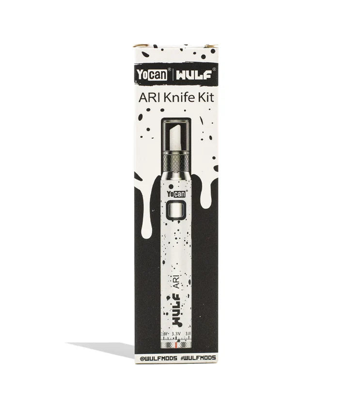 Wulf Mods Ari Hot Knife White Black Splatter retail packaging with dual-use ceramic hot knife and 510 battery