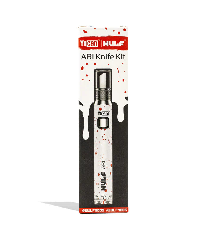 Wulf Mods Ari Hot Knife White Black Splatter with retail packaging — dual-use concentrate loading tool and 510 vape battery.