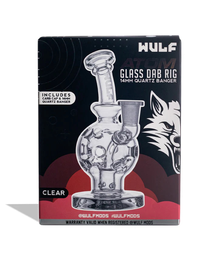 Retail packaging for the Wulf Mods Atom 14mm Dab Rig in Clear glass with product illustration and kit contents displayed.