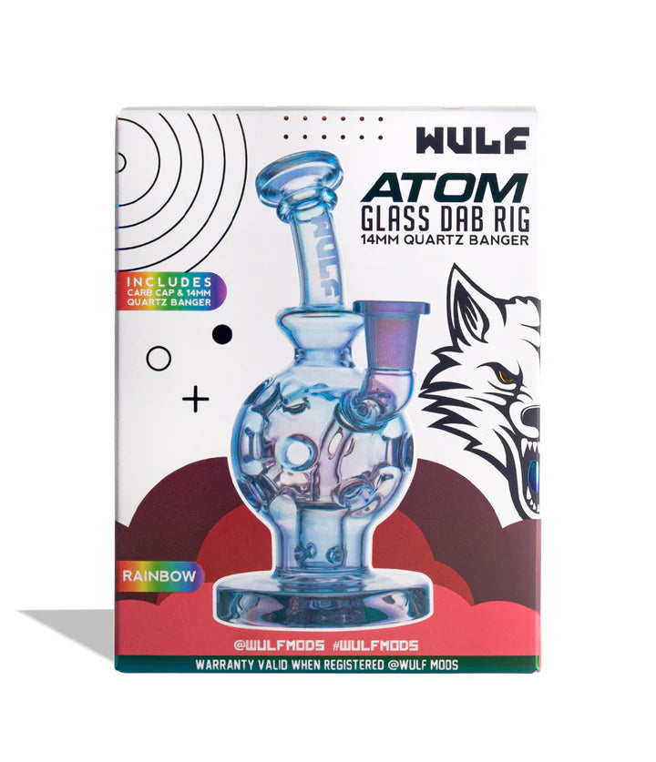 Retail box for the Wulf Mods Atom 14mm Dab Rig Full Color version featuring product artwork and included carb cap and terp pearls.
