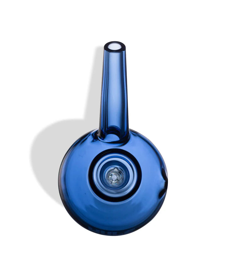 top-down photo of blue wulf mods beek bubbler showing circular base, mouthpiece alignment, and chamber opening