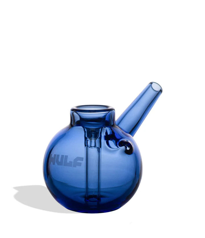 Wulf Mods Beek Bubbler in Blue, front angled view highlighting its globe water chamber, carb hole, and angled mouthpiece