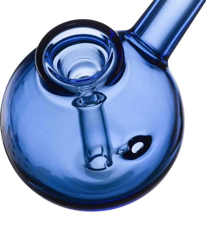 close-up diagonal angle of blue wulf mods beek bubbler emphasizing thick borosilicate glass and compact handheld design