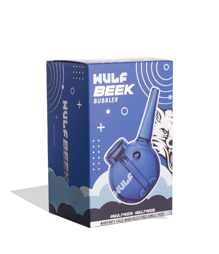 retail packaging of the blue wulf mods beek bubbler showing full product illustration, colorway preview, and branded borosilicate bubbler details