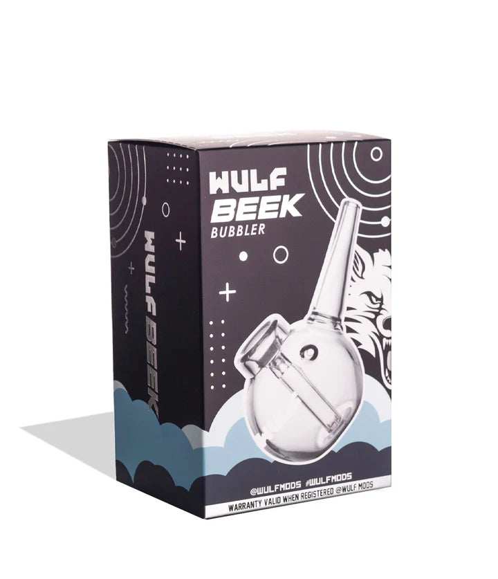 front-facing box for the clear wulf mods beek bubbler displaying transparent glass variant, globe chamber design, and official wulf mods branding