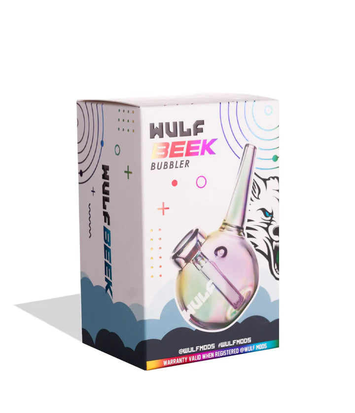 angled packaging view of full color wulf mods beek bubbler showcasing vibrant branding and glass variant artwork