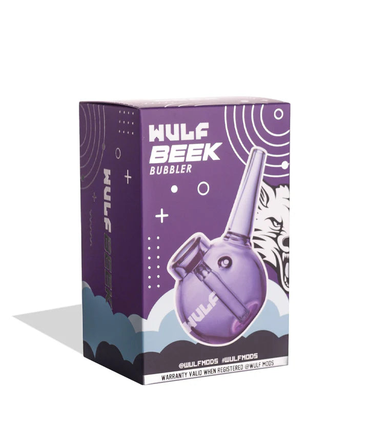retail packaging of purple wulf mods beek bubbler featuring product illustration, variant color, and branding details